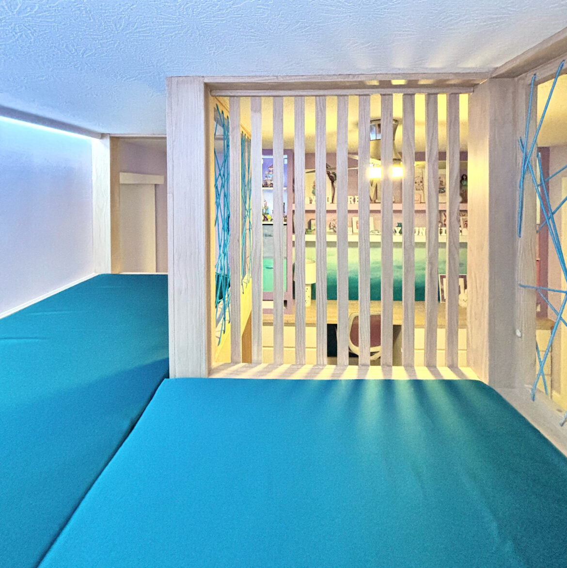 view from inside lofted play area in girl's bedroom